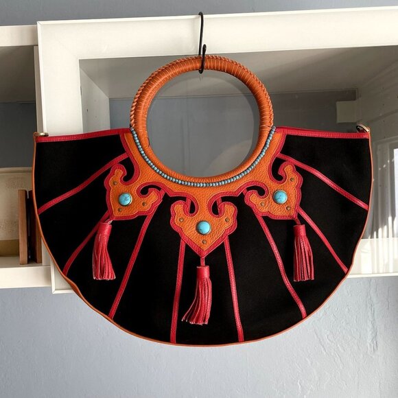 Shanghai Tang Handbags - SHANGHAI TANG Leather & Canvas Tote Handbag Stones Tassels